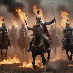 King Alex's cavalry charged, each warrior brandishing a flaming torch, transforming the battlefield into a sea of fire. The scene is a spectacle of raw power and courage, as the warriors charge against a backdrop of smoke and flames.