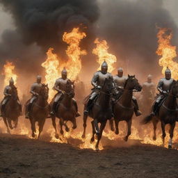 King Alex's cavalry charged, each warrior brandishing a flaming torch, transforming the battlefield into a sea of fire. The scene is a spectacle of raw power and courage, as the warriors charge against a backdrop of smoke and flames.