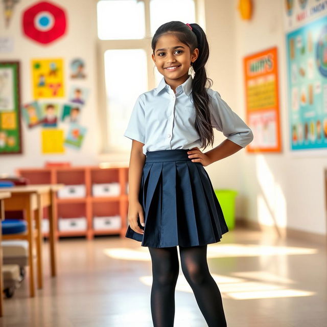 A vibrant and dynamic scene featuring a young Indian girl in a stylish school uniform, confidently posing in a school environment