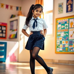 A vibrant and dynamic scene featuring a young Indian girl in a stylish school uniform, confidently posing in a school environment