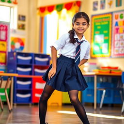 A vibrant and dynamic scene featuring a young Indian girl in a stylish school uniform, confidently posing in a school environment