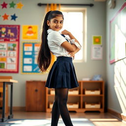 A vibrant and dynamic scene featuring a young Indian girl in a stylish school uniform, confidently posing in a school environment