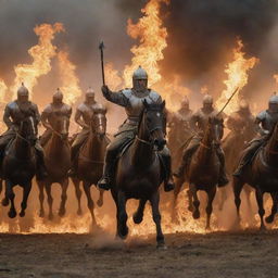 King Alex's cavalry charged, each warrior brandishing a flaming torch, transforming the battlefield into a sea of fire. The scene is a spectacle of raw power and courage, as the warriors charge against a backdrop of smoke and flames.