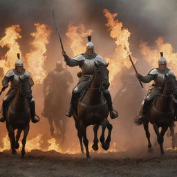 King Alex's cavalry charged, each warrior brandishing a flaming torch, transforming the battlefield into a sea of fire. The scene is a spectacle of raw power and courage, as the warriors charge against a backdrop of smoke and flames.