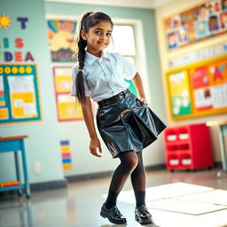 A vibrant and dynamic scene featuring a young Indian girl in a fashionable school uniform, confidently posing in a school environment