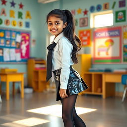 A vibrant and dynamic scene featuring a young Indian girl in a fashionable school uniform, confidently posing in a school environment
