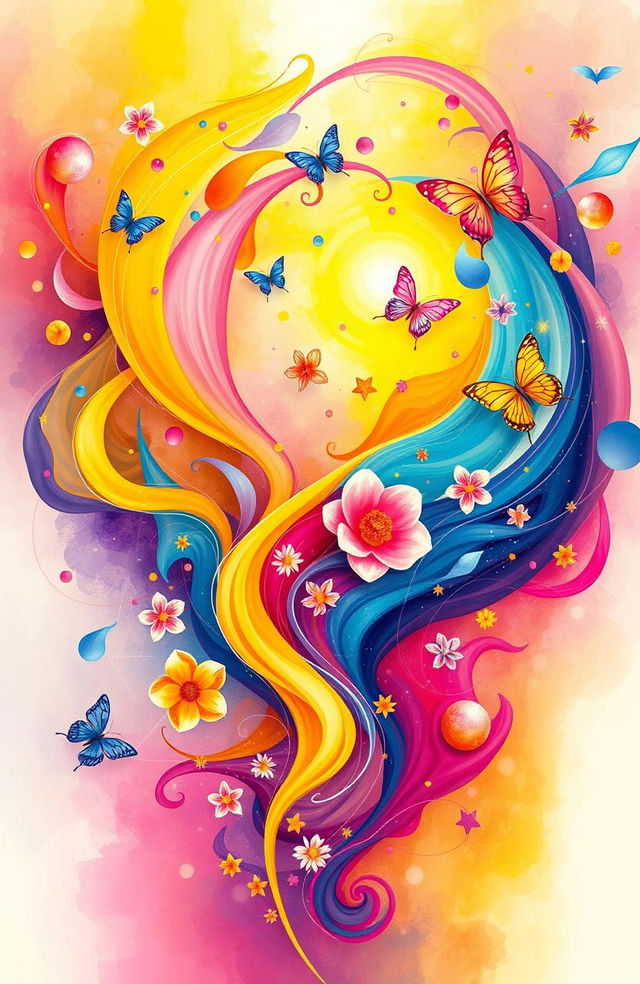 A vibrant and colorful abstract representation of self-discovery, filled with swirling shapes and patterns symbolizing joy, enlightenment, and personal growth