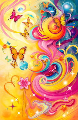 A vibrant and colorful abstract representation of self-discovery, filled with swirling shapes and patterns symbolizing joy, enlightenment, and personal growth