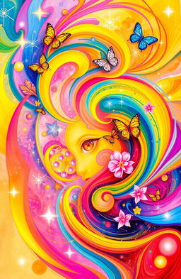 A vibrant and colorful abstract representation of self-discovery, filled with swirling shapes and patterns symbolizing joy, enlightenment, and personal growth