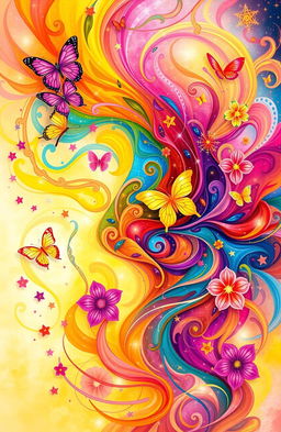 A vibrant and colorful abstract representation of self-discovery, filled with swirling shapes and patterns symbolizing joy, enlightenment, and personal growth