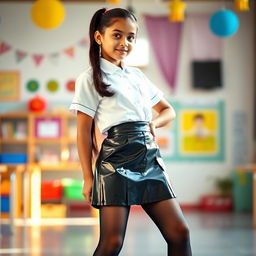 A striking full-body portrait of a young Indian girl in a fashionable school uniform, confidently posing