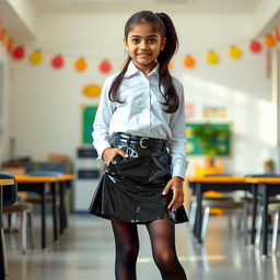 A striking full-body portrait of a young Indian girl in a fashionable school uniform, confidently posing