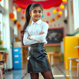 A striking full-body portrait of a young Indian girl in a fashionable school uniform, confidently posing