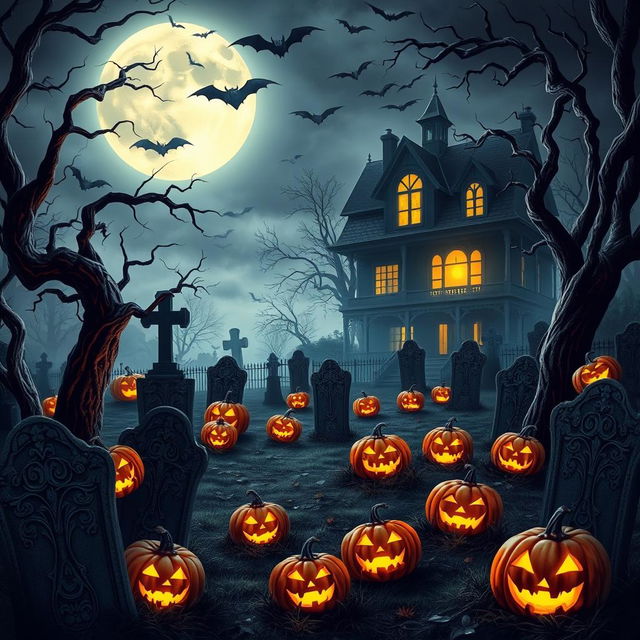 A richly detailed Halloween-themed background featuring a spooky graveyard illuminated by a full moon