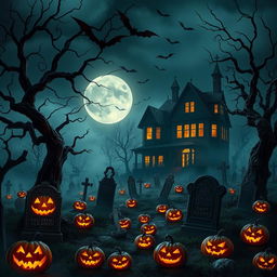 A richly detailed Halloween-themed background featuring a spooky graveyard illuminated by a full moon