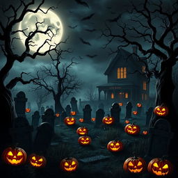 A richly detailed Halloween-themed background featuring a spooky graveyard illuminated by a full moon