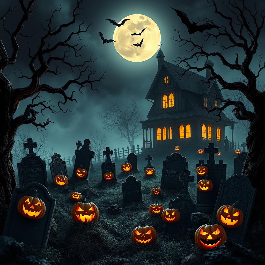 A richly detailed Halloween-themed background featuring a spooky graveyard illuminated by a full moon