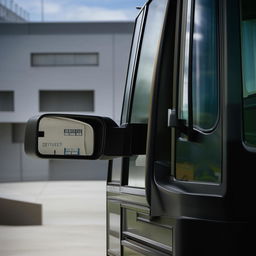 A close-up of the driver's side mirror on a penitentiary bus, showcasing its heavy-duty material and secure design.