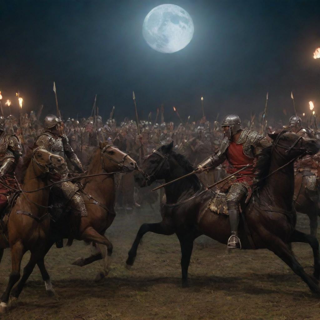 The Roman horsemen fall one by one, struck by arrows under the curtain of night. Their armor cannot stop the relentless volley of arrows from King Alex's archers. The triumphant scene under the moonlight sets up the victory for King Alex.