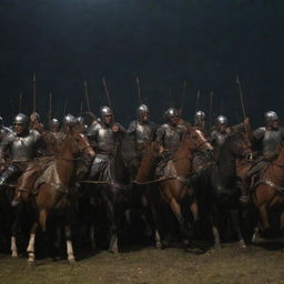 The Roman horsemen fall one by one, struck by arrows under the curtain of night. Their armor cannot stop the relentless volley of arrows from King Alex's archers. The triumphant scene under the moonlight sets up the victory for King Alex.