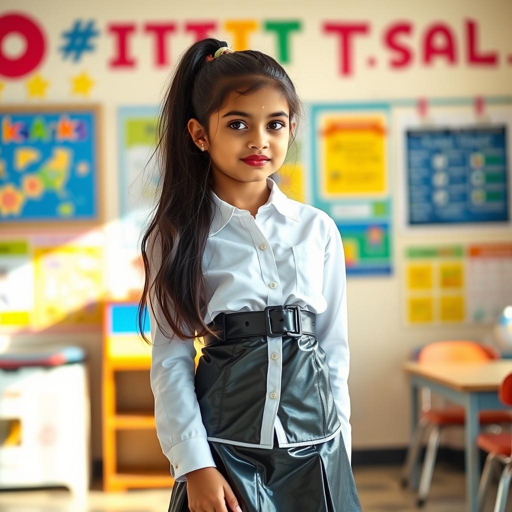 A captivating full-body portrait of a young Indian girl in a stylish school uniform, confidently posed in a vibrant school setting