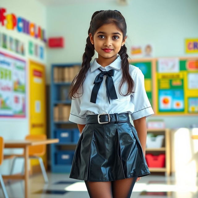 A captivating full-body portrait of a young Indian girl in a stylish school uniform, confidently posed in a vibrant school setting