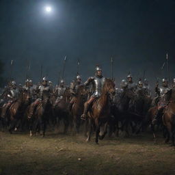 The Roman horsemen fall one by one, struck by arrows under the curtain of night. Their armor cannot stop the relentless volley of arrows from King Alex's archers. The triumphant scene under the moonlight sets up the victory for King Alex.