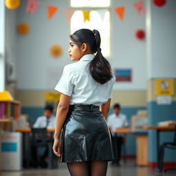 A stunning full-body portrait of a young Indian girl in a stylish school uniform, gracefully posed showing her back