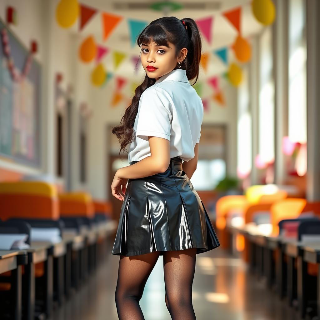 A stunning full-body portrait of a young Indian girl in a stylish school uniform, gracefully posed showing her back