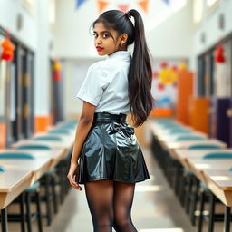 A stunning full-body portrait of a young Indian girl in a stylish school uniform, gracefully posed showing her back