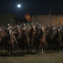 The Roman horsemen fall one by one, struck by arrows under the curtain of night. Their armor cannot stop the relentless volley of arrows from King Alex's archers. The triumphant scene under the moonlight sets up the victory for King Alex.