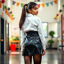 A stunning full-body portrait of a young Indian girl in a stylish school uniform, gracefully posed showing her back