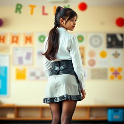 A stunning full-body portrait of a young Indian girl in a fashionable school uniform, elegantly posed with her back to the viewer