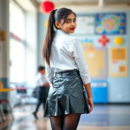 A stunning full-body portrait of a young Indian girl in a fashionable school uniform, elegantly posed with her back to the viewer