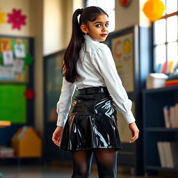 A stunning full-body portrait of a young Indian girl in a fashionable school uniform, elegantly posed with her back to the viewer