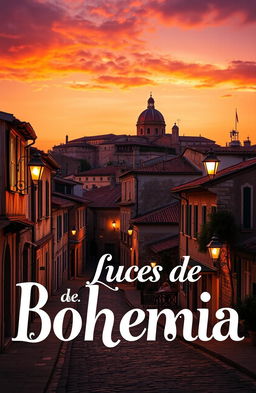 A vibrant advertisement poster titled 'Luces de Bohemia', featuring stunning images of an old, distant city with rustic architecture and vintage street lamps