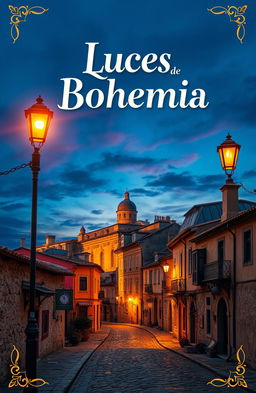 A vibrant advertisement poster titled 'Luces de Bohemia', featuring stunning images of an old, distant city with rustic architecture and vintage street lamps