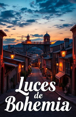 A vibrant advertisement poster titled 'Luces de Bohemia', featuring stunning images of an old, distant city with rustic architecture and vintage street lamps