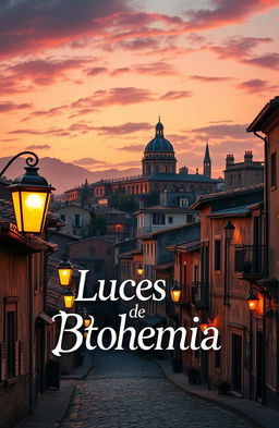 A vibrant advertisement poster titled 'Luces de Bohemia', featuring stunning images of an old, distant city with rustic architecture and vintage street lamps
