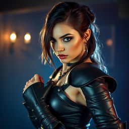 A sexy rogue girl in a sultry pose, styled with dark leather armor and alluring makeup, demonstrating confidence as she looks directly at the camera