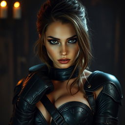 A sexy rogue girl in a sultry pose, styled with dark leather armor and alluring makeup, demonstrating confidence as she looks directly at the camera