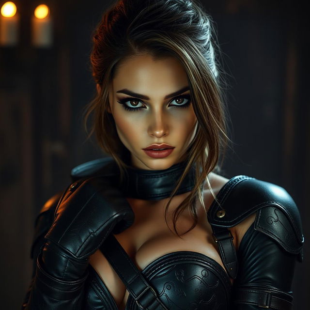 A sexy rogue girl in a sultry pose, styled with dark leather armor and alluring makeup, demonstrating confidence as she looks directly at the camera