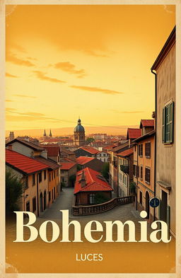 A vintage advertisement poster titled "Luces de Bohemia" featuring a picturesque view of an old, distant city