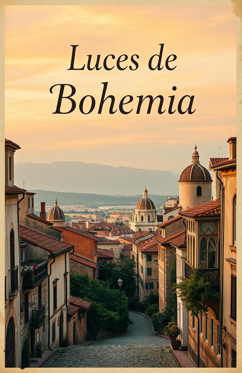 A vintage advertisement poster titled "Luces de Bohemia" featuring a picturesque view of an old, distant city