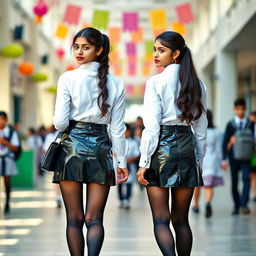 A vibrant full-body portrait of two young Indian girls, both 15 years old, in trendy school uniforms, confidently walking together on a bustling school ground