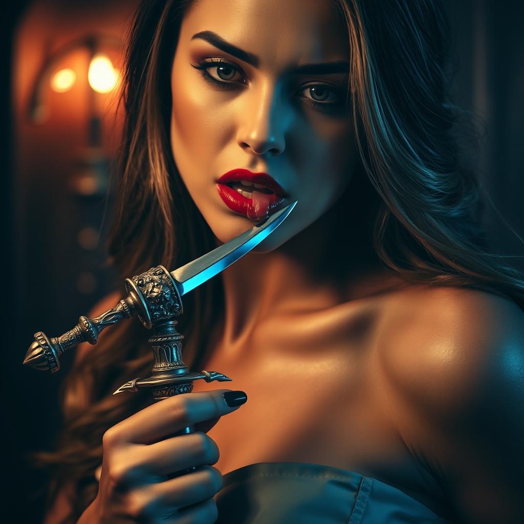 A striking and seductive scene of a beautiful woman with an alluring pose, delicately licking a drop of poison from a gleaming dagger