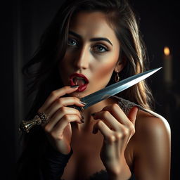 A striking and seductive scene of a beautiful woman with an alluring pose, delicately licking a drop of poison from a gleaming dagger