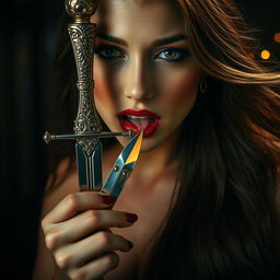 A striking and seductive scene of a beautiful woman with an alluring pose, delicately licking a drop of poison from a gleaming dagger