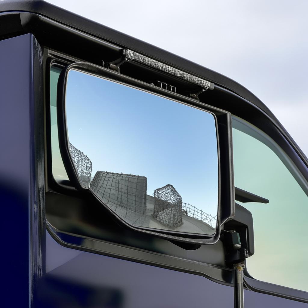 A close-up of the driver's side mirror on a penitentiary bus, showcasing its heavy-duty material and secure design.