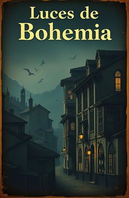 A vintage advertisement poster titled "Luces de Bohemia", featuring an old, dark, and remote city landscape